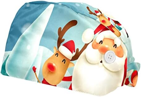 Niaocpwy Christmas Red Sky Deer e Papai Noel com botão com botão, Moda Bouffant Scrub Hat for Mulher Men, 2 pacote