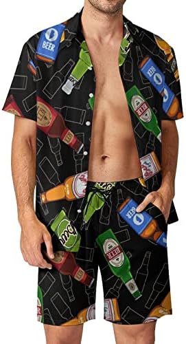 Bottle de bebida de cerveja de São Patrício Roupas de Praia de 2 peças masculinas Button Hawaiian Camisa de manga curta e