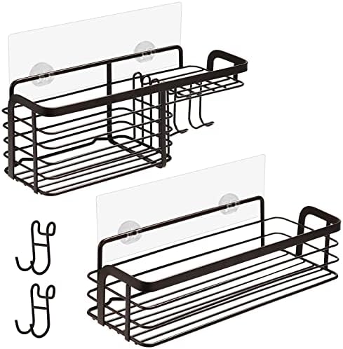 Caddy de chuveiro de 2 mochilas, prateleira de banheiro com sabão e ganchos para navalha, escova, esponja, xampu, cesta profunda à prova de ferrugem montada na parede com adesivo, sem perfuração, SU 304 Aço inoxidável, bronze
