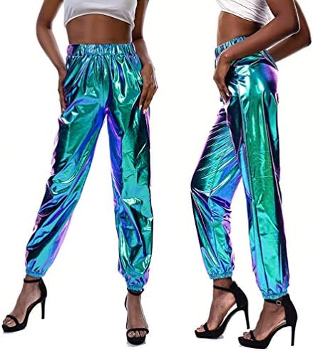 Galpada Womens Joggers Womens atléticos corredores femininos calças calças shinny metálicas de rua holográfica casual calça de hip-hop elástica de cintura alta calça de corredor de caídas calças femininas calças femininas