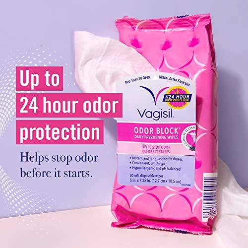 Vagisil Odor Block diariamente os lenços de renovação para higiene feminina em bolsa selvagem, ginecologista testado e hipoalergênico,