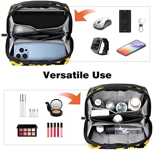 Organizador eletrônico, bolsa de cosméticos, organizador de viagens eletrônicas, bolsa de tecnologia, padrão de preto de flor de