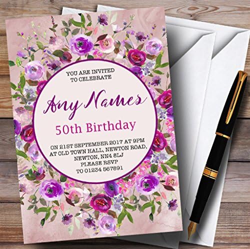 Pink & Purple Watercolor Floral 50º convites de festa de aniversário personalizados
