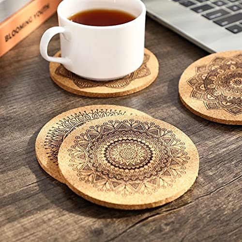 CABILOCK 12PCS Coasters naturais de cortiça absorventes montanhas -russas Mandala projeta formato redonda para a mesa