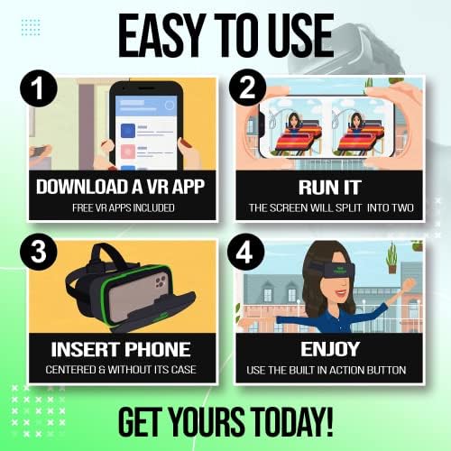 E fone de ouvido VR compatível com o botão Ação iPhone & Android 4.5 -6,5 + para os vídeos 3D VR | Conjunto de óculos de realidade virtual universal - para crianças e adultos - verde