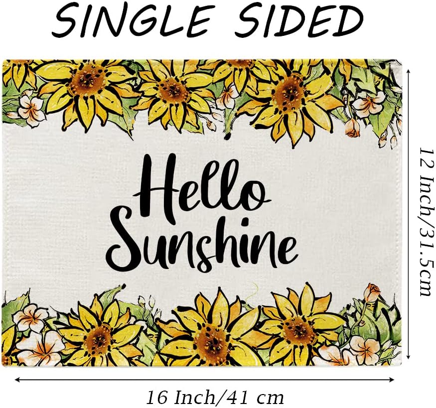 Summer Placemats Conjunto de 4 Hello Sunshine Gunflower lavável tapetes de mesa sazonal coleta de cozinha de cozinha de