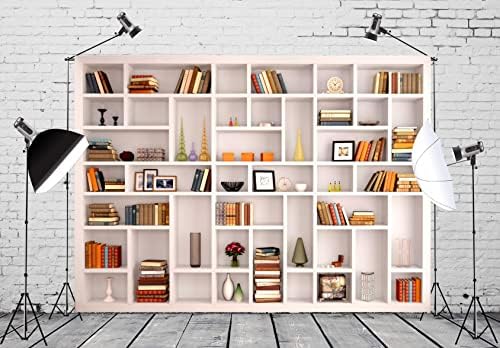 Beleco 10x6,5ft Fabric White Bookshelf Photography Biblioteca Escola Biblioteca de Escolas Moderna Estante de Office Caso Home Office Zoom Reunião de videoconferência Decoração de pano de fundo Decoração