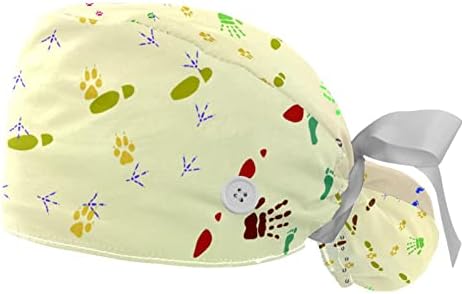 Pegadas coloridas de animais rastrear tampa de trabalho ajustável com botões Chapéu de amarração elástica de fita para mulheres