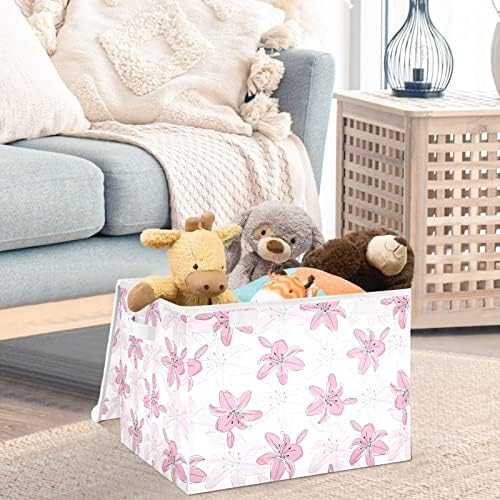 Cataku Pink Lily Storage Bins com tampas e alças, tecido grande cesta de cubos de recipiente de armazenamento com tampa de armazenamento decorativo para organizar roupas