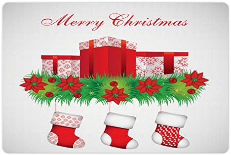 Ambsosonne Christmas Pet Tapete Para comida e água, meias penduradas para o Santa Mistletoe Ilustração Feliz Natal para todos, retângulo de borracha sem deslizamento para cães e gatos, esmeralda vermelha branca