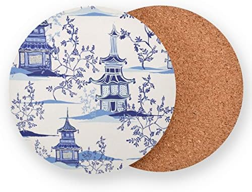 Juama Pagodas Vintage Pagodas Chinoiserie Coasters, bebidas absorventes montanha -russa Conjunto de 4 copos redondos Base de cortiça para a mesa de madeira Decoração de escritório em casa Cups