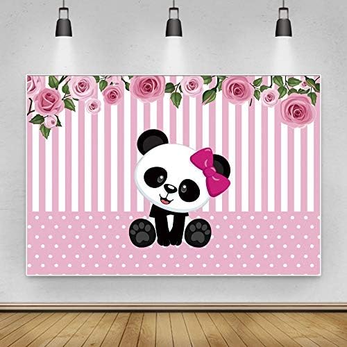Renaiss 5x3ft fofo panda chá de bebê pano de fundo rosa e brancos listras rosa flores photography background para menina princesa recém -nascida festa decoração de bolo bandeira de bandeira fotográfica