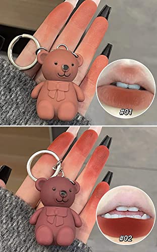 2PCS Keychain Bear Baticks, 2 em 1 Chave -chave Batom Batom Névoa Veludo fosco Lipgloss hidratante mancha de labial