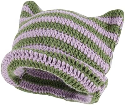 Feanie para mulheres tricotar chapéu de crochê com orelhas de gato listrado com boné de inverno acessórios grunge chapéu