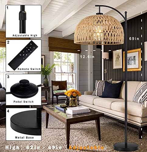 Lâmpada de piso qiyizm para sala de estar, lâmpada de vime da fazenda com remoto e industrial lâmpada de piso de vime preto