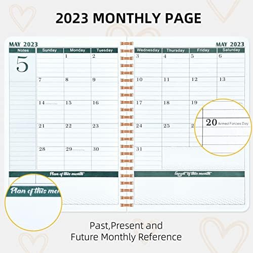 Vozehui 2023 Planner semanalmente mensalmente de janeiro de 2023 a dezembro de 2023, 6 x 8,25, cobertura de estampa de coração de amor, planejador de 12 meses com faixa elástica, limite forte, papel grosso, bolso traseiro, amor preto amor