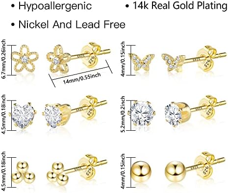 6 pares pequenos 14k Real Gold Cubic Zirconia Stud Brincos, brinco hipoalergênicos de cartilagem com s925 post minúsculos de orelha de diamante sintético