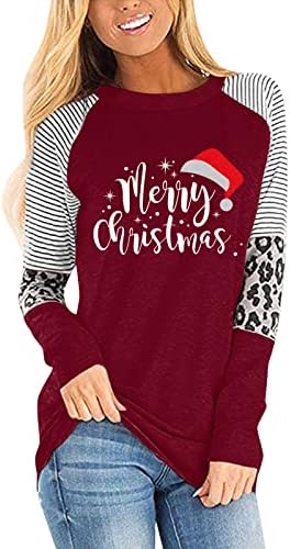 Moletom de Natal Mulheres Chapéu de Natal Casual Splicing Splicing Sleeve Longa Camista Tampe Camista Longa Camisa Mulheres