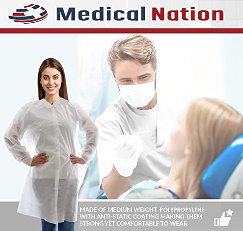 Casacos de laboratório descartáveis ​​em nação médica para adultos | Caso de 30 | Casaco de laboratório branco, casaco durável,