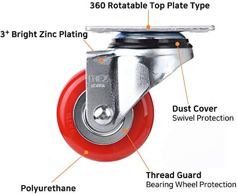 [T-Rex Caster] 3 polegadas Cheques pesados, todas as rodas de rodízio de placa giratória com rodas de poliuretano vermelho. Capacidade