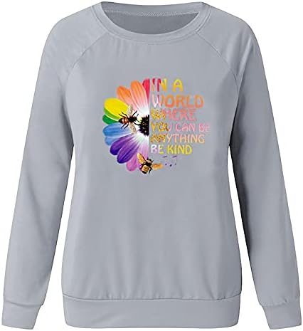 Iqka Women Manga longa Crew pescoço Sorto de girassol letra de girassol Impressão Camisa gráfica de pullovers leves de