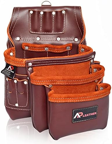 AP-Leather Pro-302 Premium Oil Burchout Leather Tool Belt, Carpenter Tool Bag | Cinto de ferramentas marrom, 28 bolsos bolsas de ferramentas