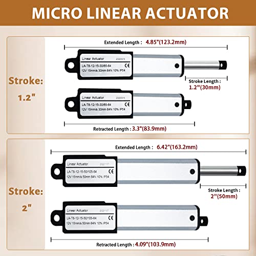 Micro -attuador linear com controle remoto - 2 12V DC 64N/14,4lb Velocidade 0,6/s Mini Small Metal Motion Atuator 2 ”AVC com suportes de montagem e controlador para máquinas inteligentes Projeto robótico Robótico Projeto