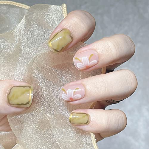 Unhas falsas unhas removíveis rosa camellia unhas curtas cola em unhas falsas, manicure artificial de dedos, unhas falsas reutilizáveis ​​pressionam as unhas decoração de manicure de arte para mulheres e meninas 24pcs