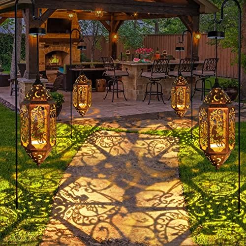 GO2GARDEN Solar lanternas penduradas ao ar livre à prova d'água, Big Fairy Moon Metal Luzes solares decorativas para pátio,