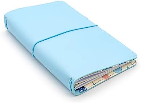 Pad Pad, capa de notebook do Carpe Diem Recarregável Traveler - portfólio de couro falso com blocos de bloco em branco e ladeados - inclui 6 bolsos, loop de caneta e fechamento elástico - 8,5 x 5,5 polegadas, azul -céu