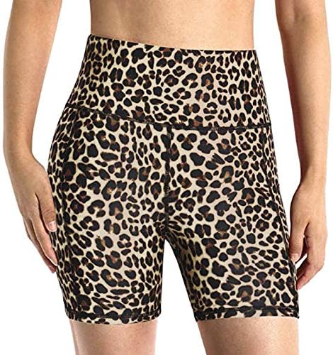 Yangyy feminina estampa de leopardo de alta cintura de ioga shorts de barriga de barriga de fitness shorts atléticos com bolsos marrons
