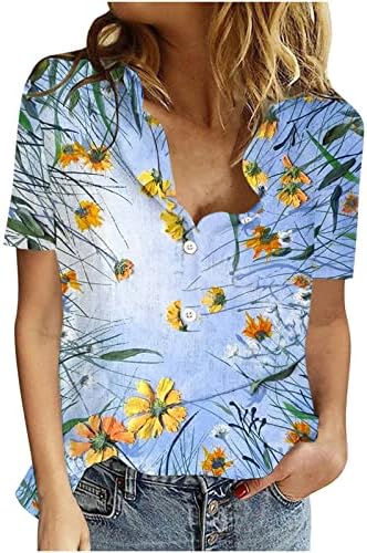 Tops for Women Mangas curtas Plus Tamanho Logo Camiseta Casual Boho Button camisa floral Up Blusa da camisa da mãe V-dequela em