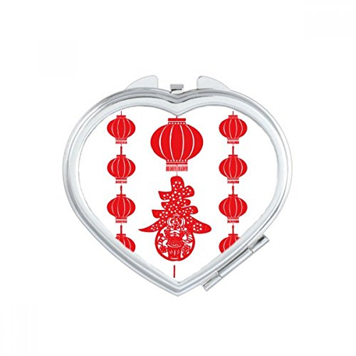 Tradicional Red Chinesa Lanterna Padrão Coração Espelho Greatificação Portátil Portátil Maquiagem de bolso