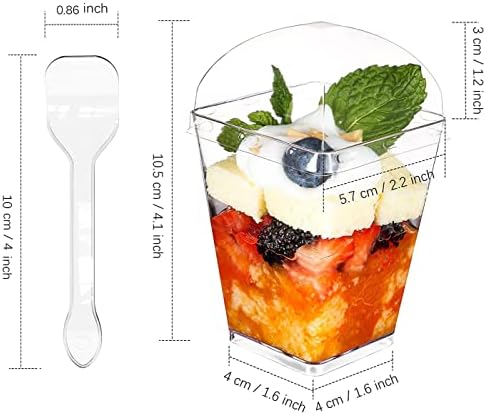 Yunko 5 oz copos de sobremesa transparentes com tampas e colheres, copos de parfait de mini -quadrado de plástico xícaras de