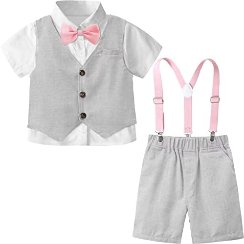 A&J Design Baby & Toddler Boys 3pcs Suspenders Suspenders Spender, camisa, gravata borboleta, colete e shorts