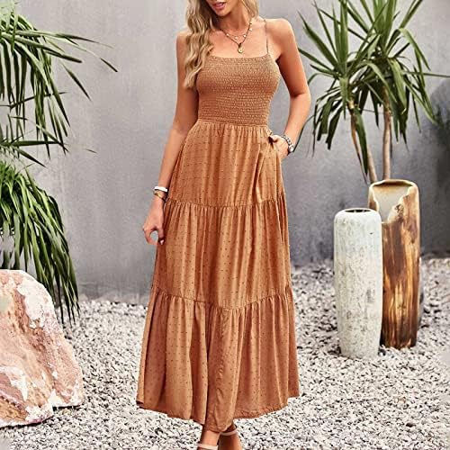 Hcjkdu Sundress for Women Women Spaghetti tiras sem mangas Smocked Maxi Dress Dress Flowy Swing Buffles vestidos de