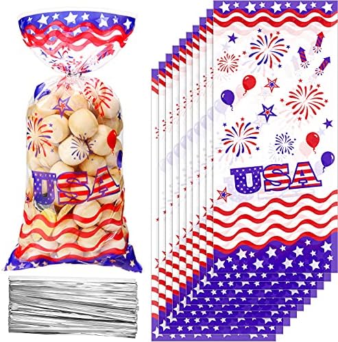 Sacos de tratamento de celofane patriótico de 100 peças, Dia da Independência 4 de julho Goodie Bags Bags azuis American Flag American