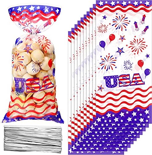 Sacos de tratamento de celofane patriótico de 100 peças, Dia da Independência 4 de julho Goodie Bags Bags azuis American Flag American Candy Sacos com 100 laços de torção de prata para suprimentos para festas do Memorial Day