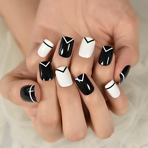 Unhas quadradas com design preto branco linhas de triângulo misto de prensa superior em dicas de unhas manicure unhas