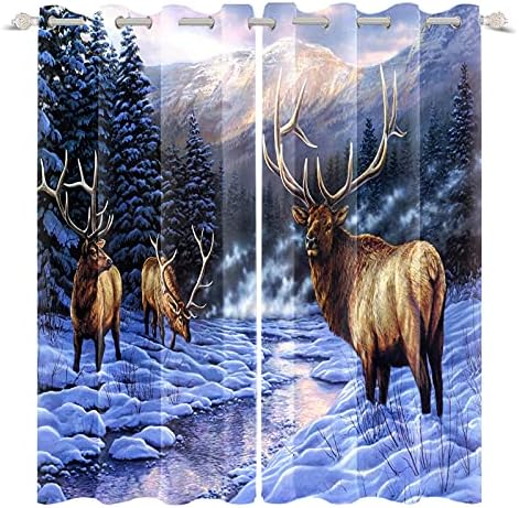 Leowefowa veados na cortina da floresta para crianças quarto de neve mountain florestas de pinheiro veados Elks Blackout Animais Janela cortina cortina para sala de estar Decoração do dormitório Conjunto de 2 painéis 53x84inch