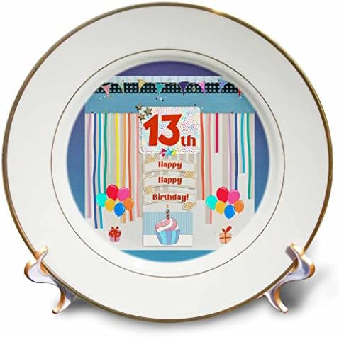 Imagem 3drose de 13ª etiqueta de aniversário, cupcake, vela, balões, presente, serpentinas - placas