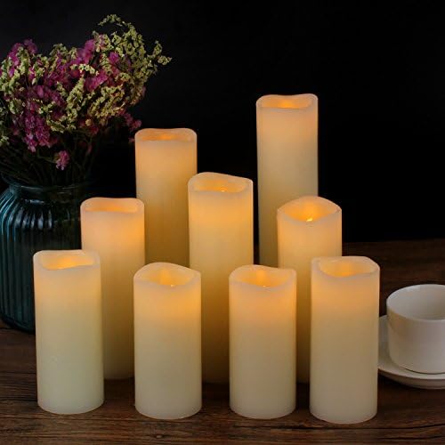 Velas sem chamas de Vickiss sem chamas de bateria de bateria 4 5 6 7 8 9 conjunto de 9 pilares de cera de marfim com velas lideradas