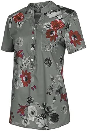 Molufan Women 2023 Henley Shirts Floral Print Button-Down V Neck Sleeve Shirts Stand Collar Tops de verão vintage