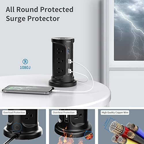 Surge Protector Power Strip Tower, tira elétrica com 4 peças fixas 12 AC múltiplas saídas e 3 portas USB, 6,5 pés de extensão de longa extensão Torre de carregamento com proteção contra sobrecarga para casa