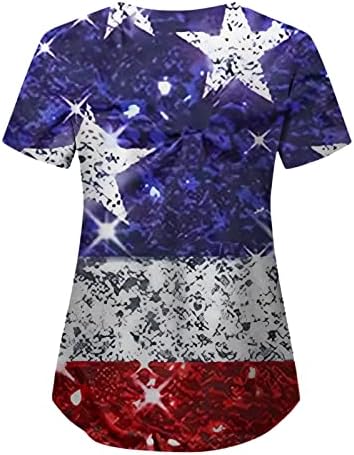 4 de julho Camisas para Women USA Flag de verão Camisetas de manga curta V com 2 bolsos Bloups Holiday Casual Workwear
