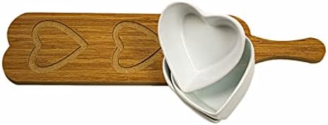 Lemose Decorativa do coração em forma de três tigelas de cerâmica branca compartilhada com bandeja de madeira, aperitivo que serve pratos com alça, conjunto de tigela tripla dividida, que serve prato para lanche, molho, doce