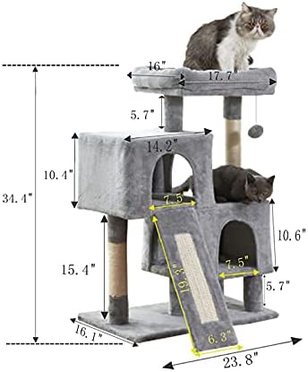 Torre de gato da árvore de gatos, 34,4 polegadas de gato com tábua de arranhão, 2 condomínios de luxo, árvore de escalada de gatos, resistente e fácil de montar, para gatinho, animal de estimação, atividade interna relaxante, cinza