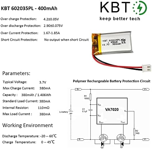 KBT 3.7V 380mAh Li-Polymer Battery: 602035 Baterias de substituição de íons de lítio LIPO com conector JST