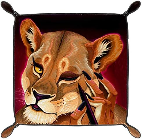 Caixa de armazenamento de mesa de couro de microfibra de organizador engraçado de Lion Caixa de armazenamento prático para carteiras e equipamentos de escritório, 16x16cm