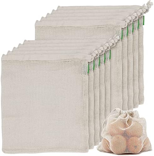 Jeuihau 10 malha reutilizável de malha produz sacos, bolsas de algodão de malha de 11 x 13 polegadas, malha de algodão produzem sacos, bolsa de musselina lavável para vegetais, frutas, feijões, resíduos zero